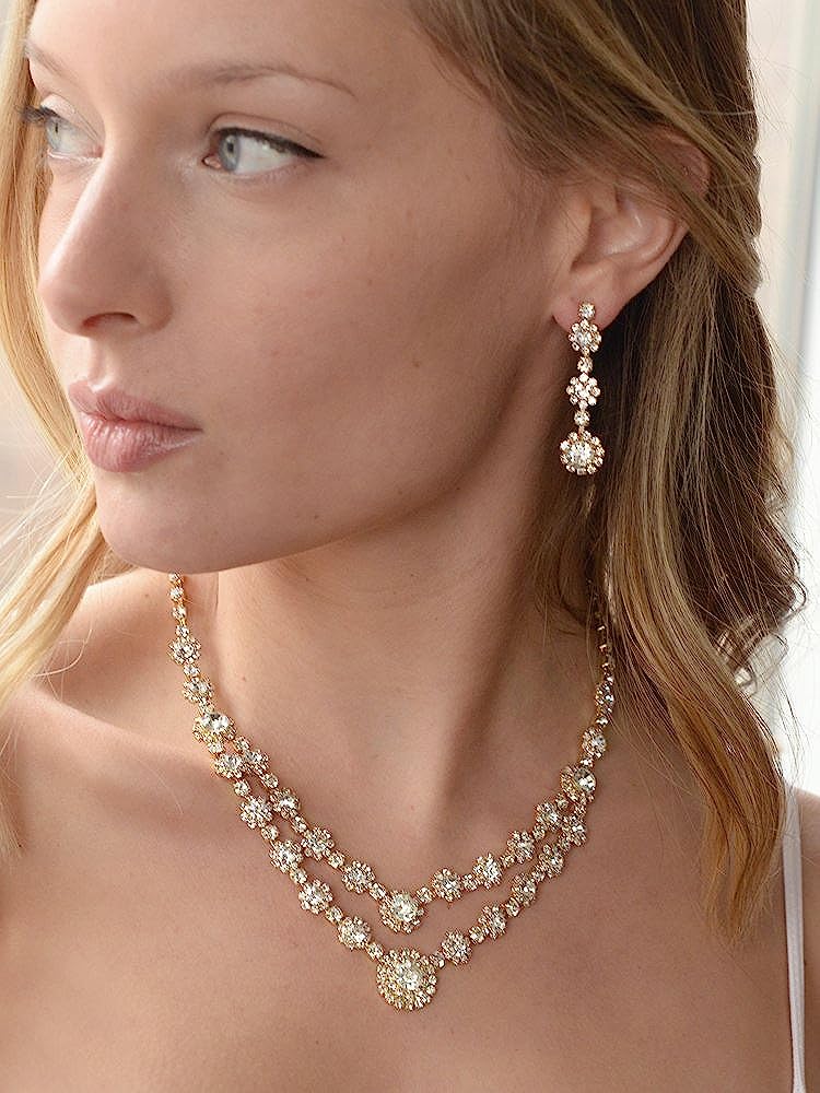 Mariell Gold Two-Row Rhinestone Crystal Necklace and Earrings Set - Prom, Brides and Bridesmaids Jewelry - Image 3